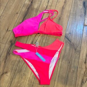 Popvil Swim Colorblock Pink & Coral Women's Bikini Set Beach Swimsuit